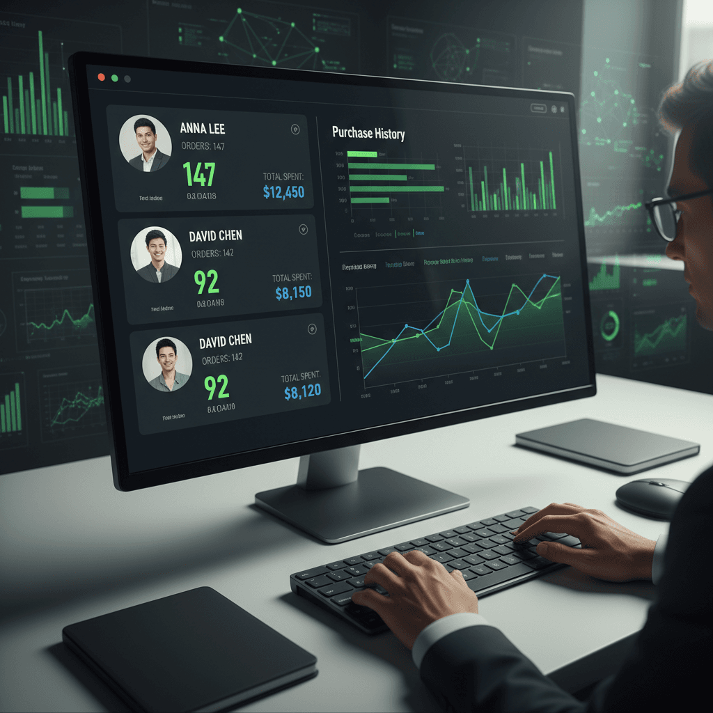 Customer tracking dashboard showing purchase history and profiles