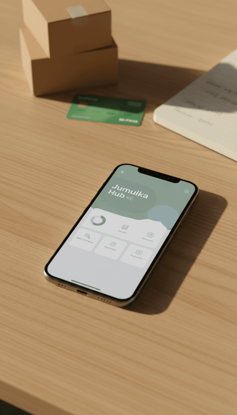 Jumuika Hub KE dashboard displayed on smartphone with inventory management elements in background